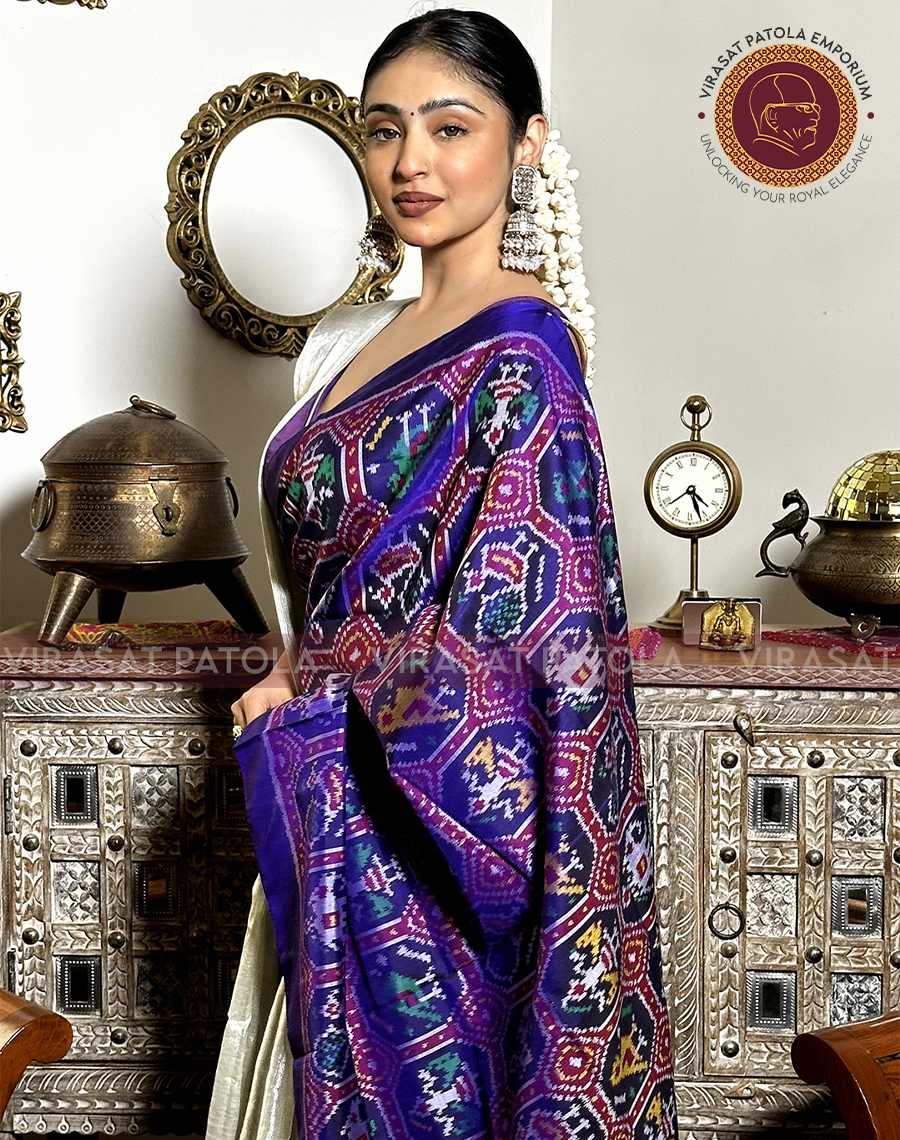 Virasat Patola royal blue patola dupatta, multicolor ikat-style motifs with silver pallu