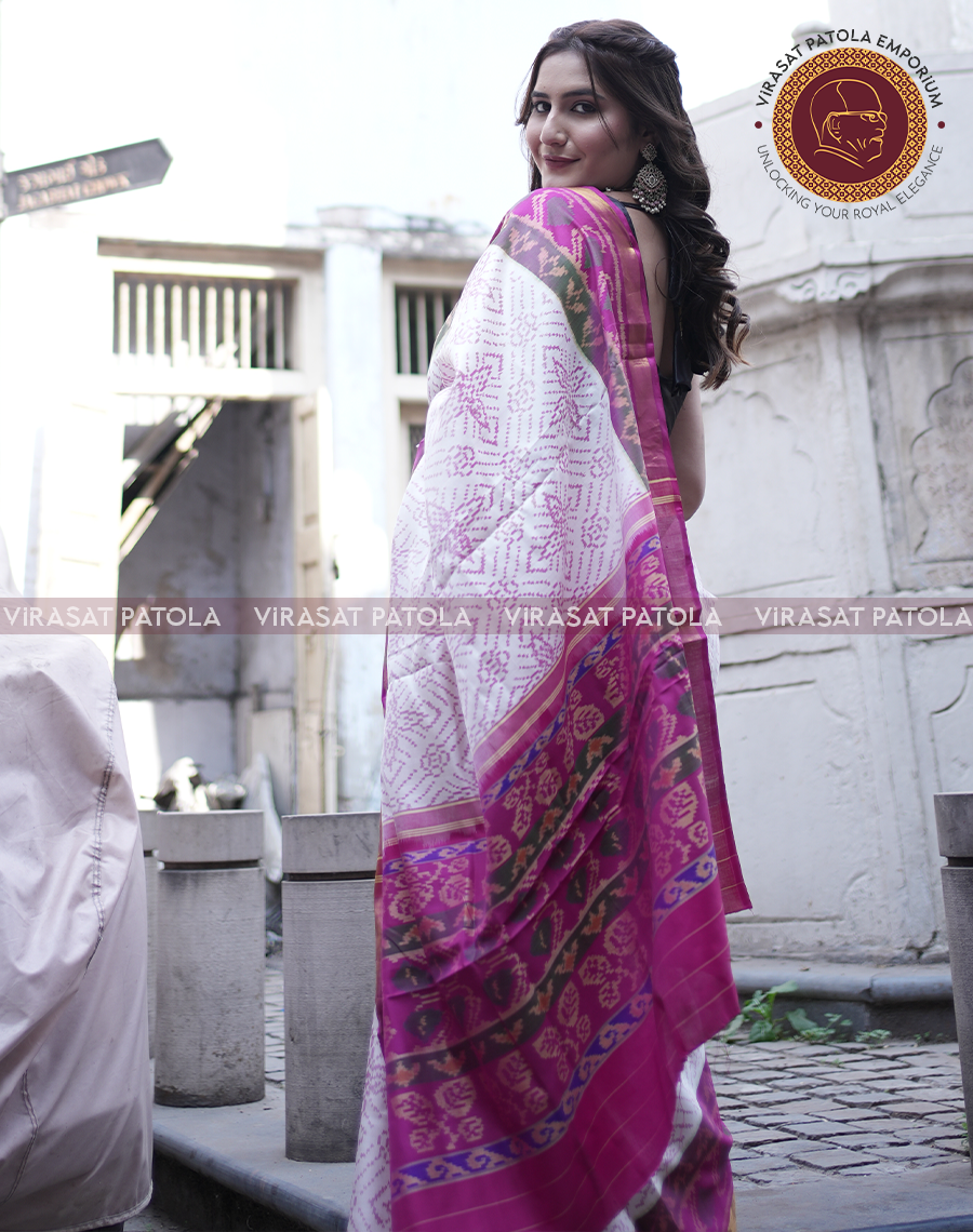 White pink bandhani patola saree