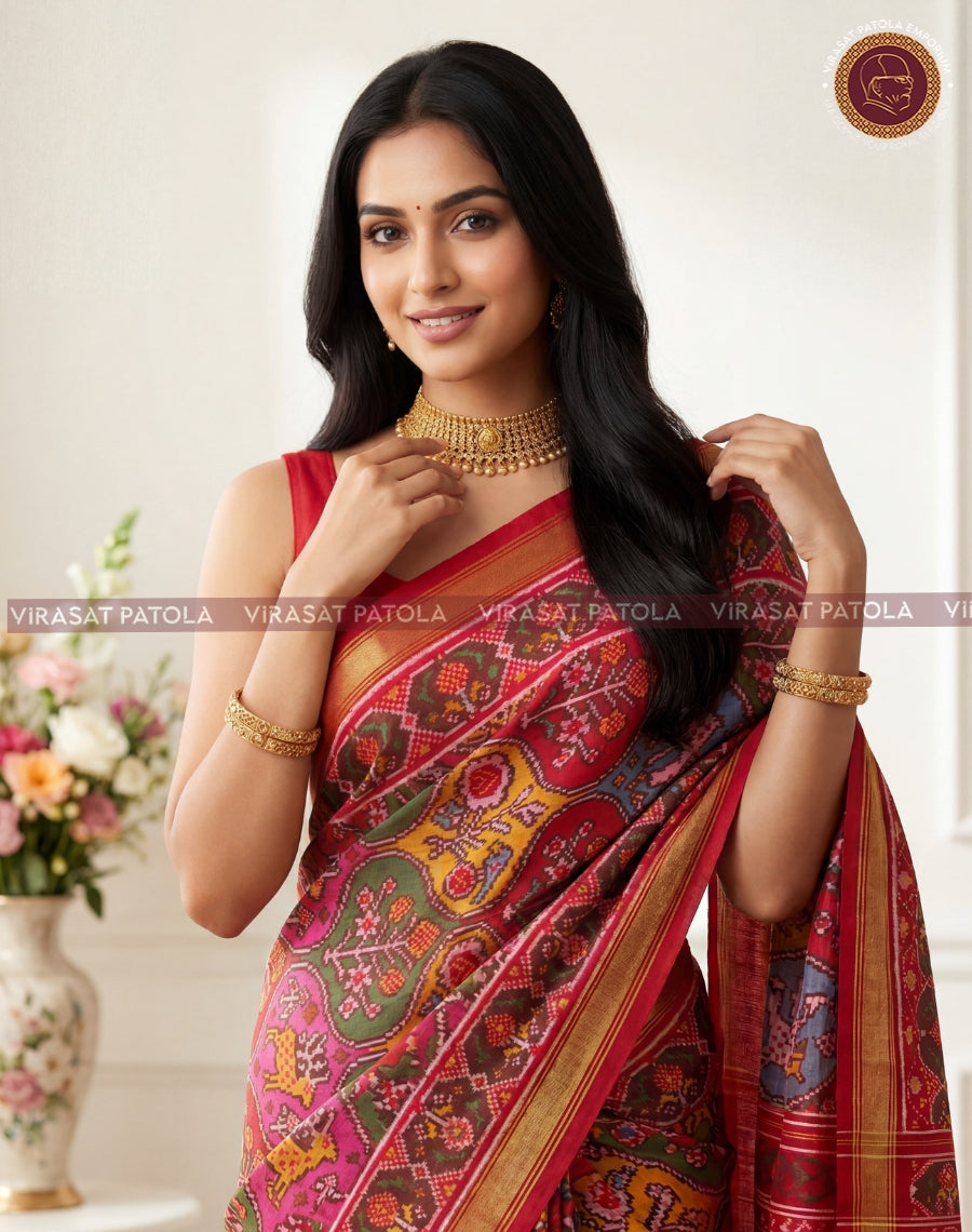 Virasat Patola patola saree close-up, rich red and blue patterns with gold edging