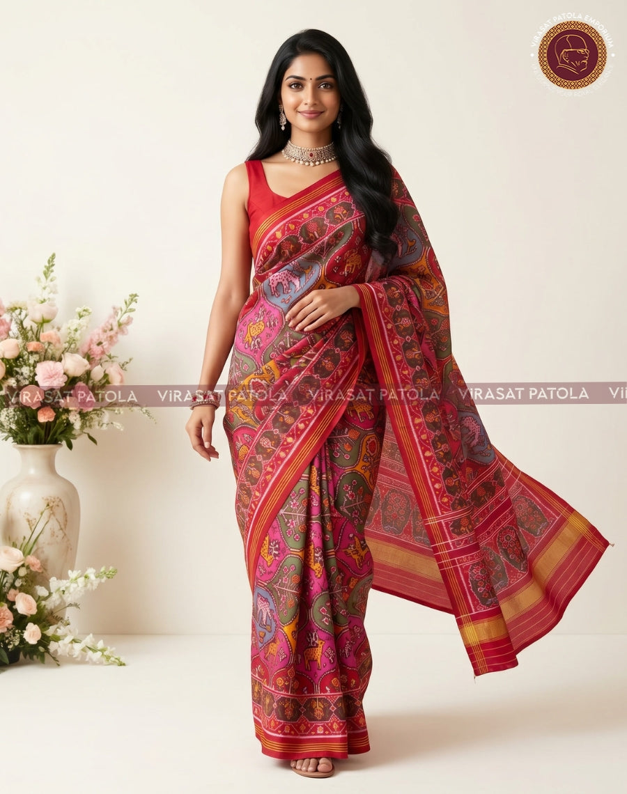 Multicolour patola saree drape, dark blue base with red motifs and wide gold trim