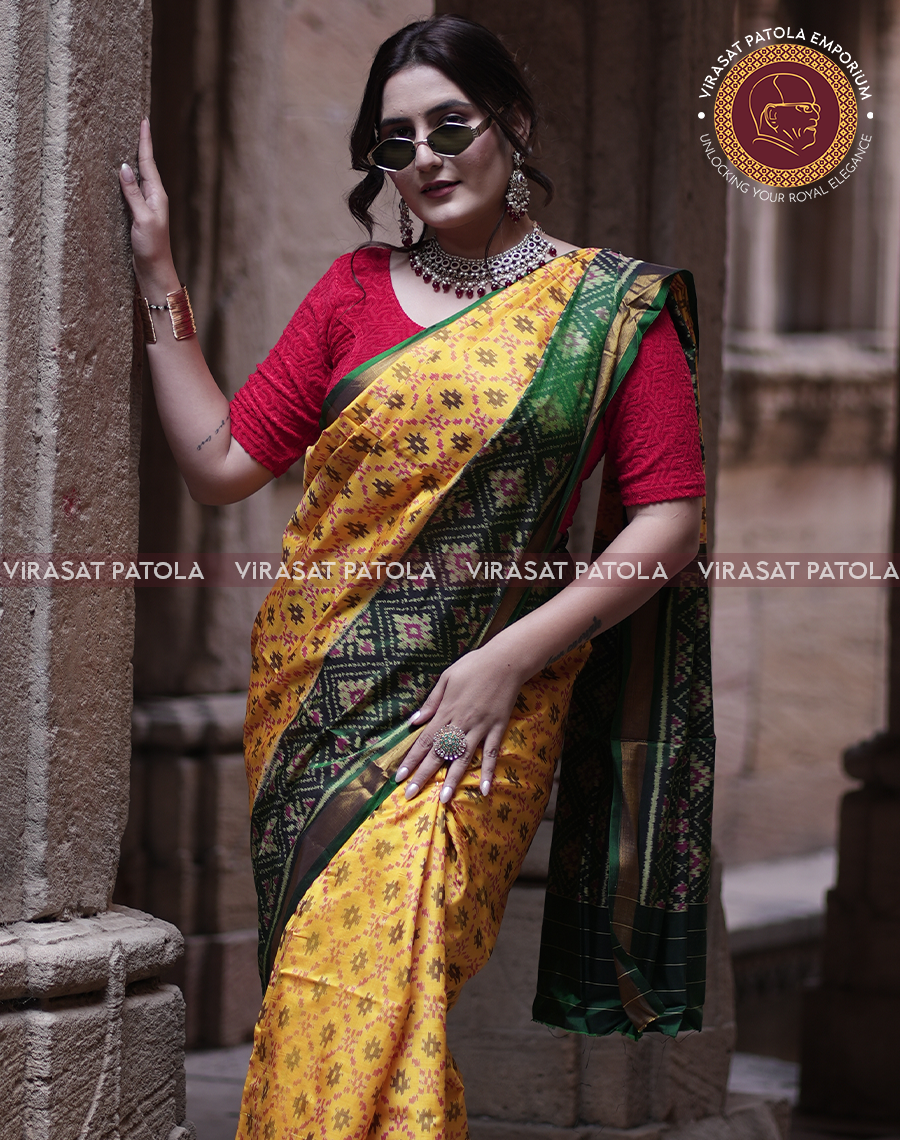 Yellow Green Panchanda Patola Saree