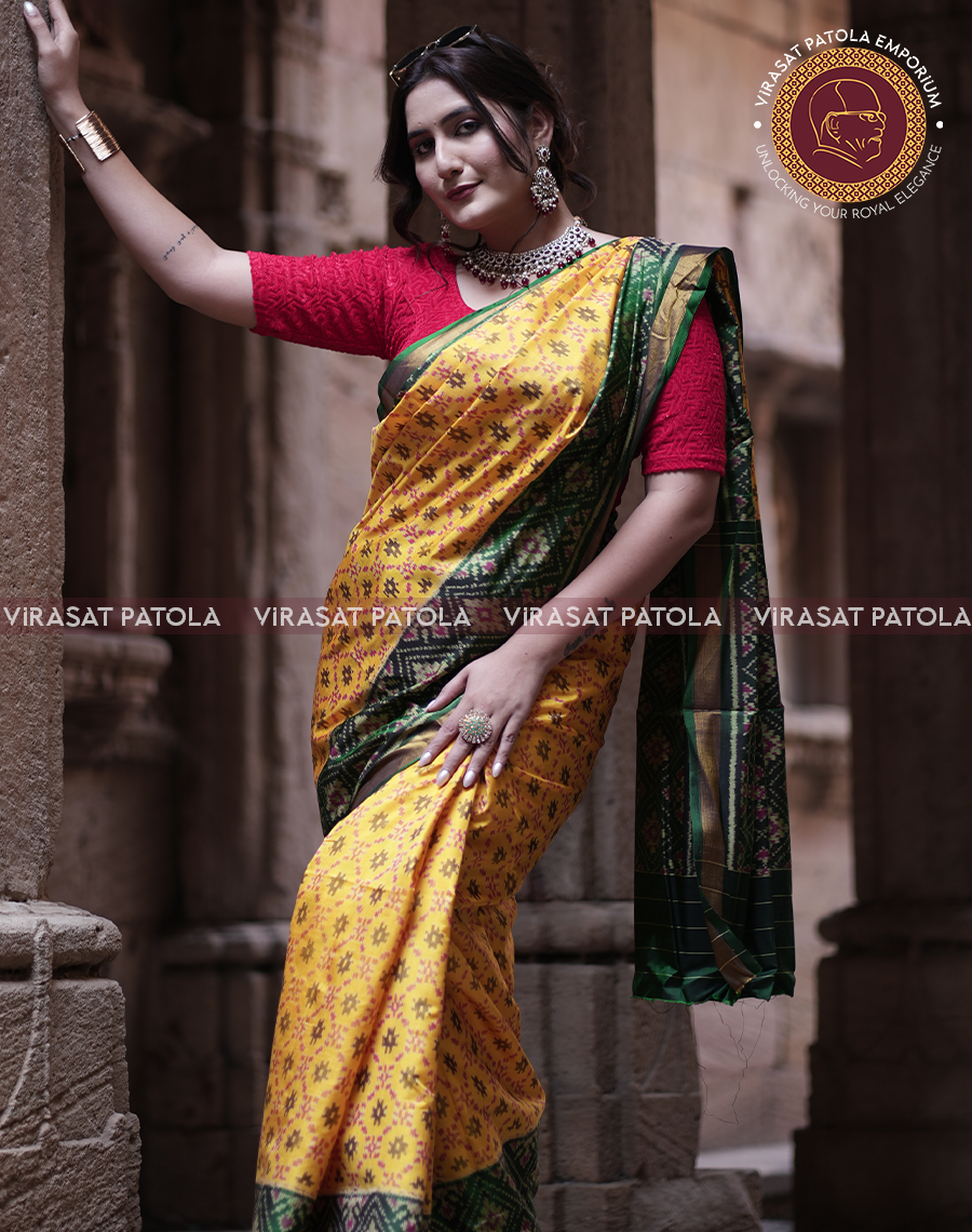 Yellow Green Panchanda Patola Saree