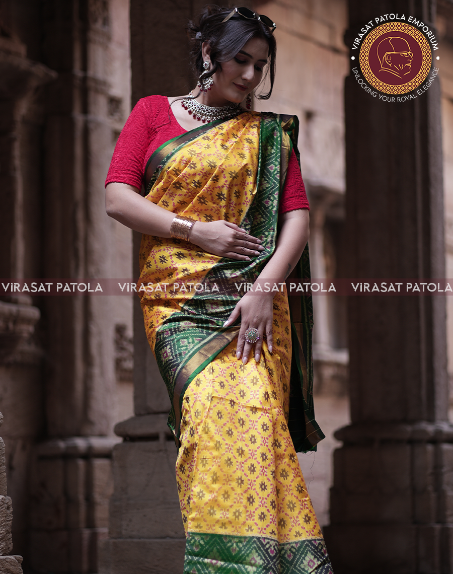 Yellow Green Panchanda Patola Saree