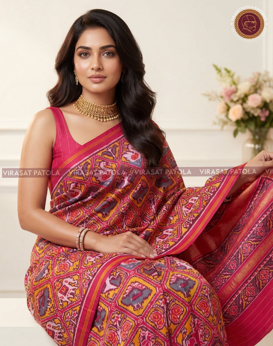 Royal pink traditional patola saree with multicolor geometric motifs and striped border