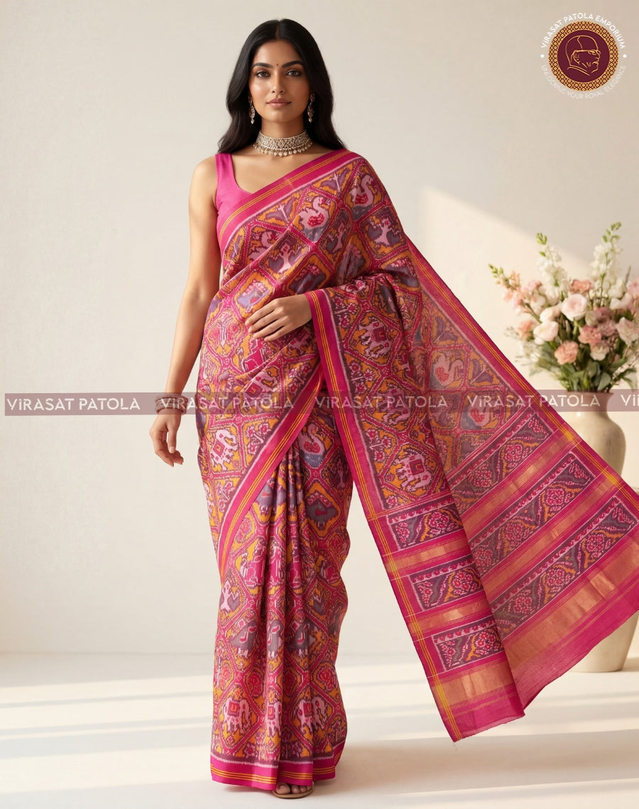 Royal pink patola saree with ornate motifs and magenta-gold striped border