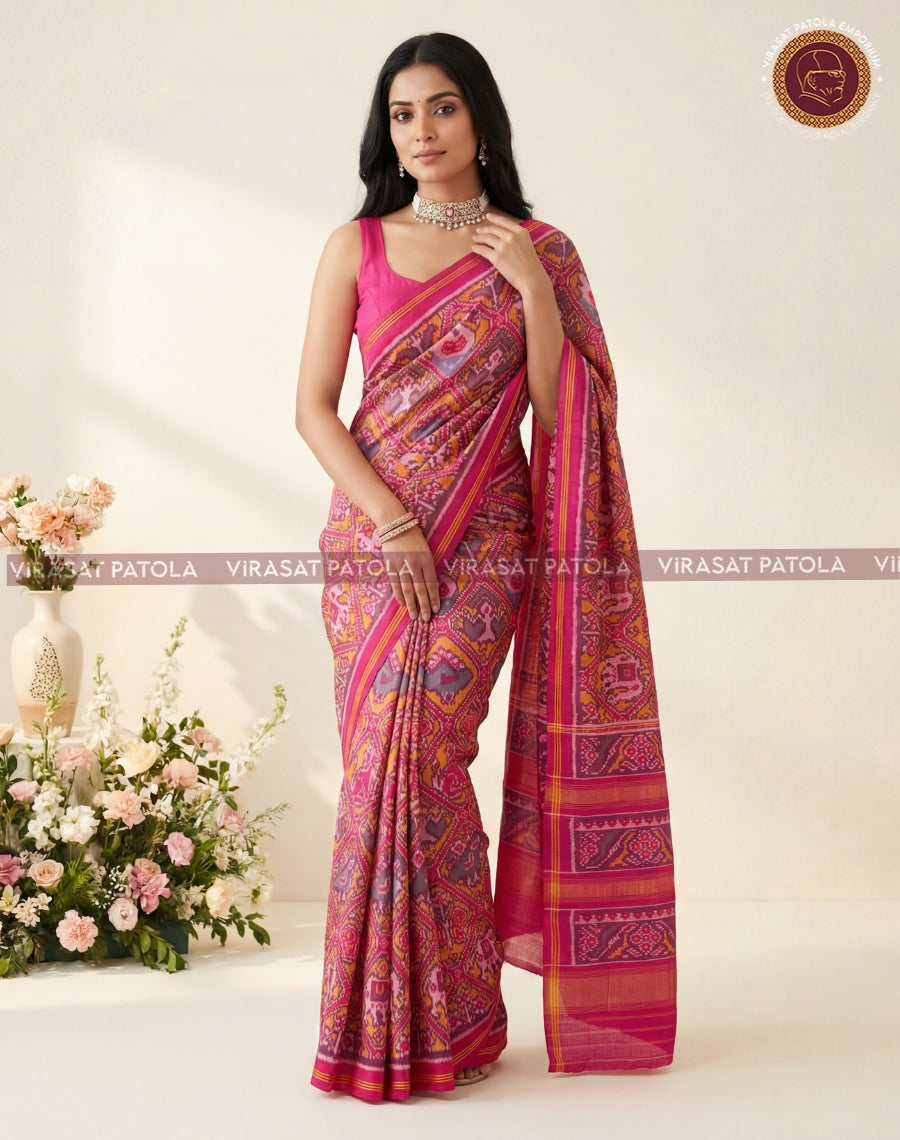 Virasat Patola royal pink saree, multicolor pattern and wide contrast border