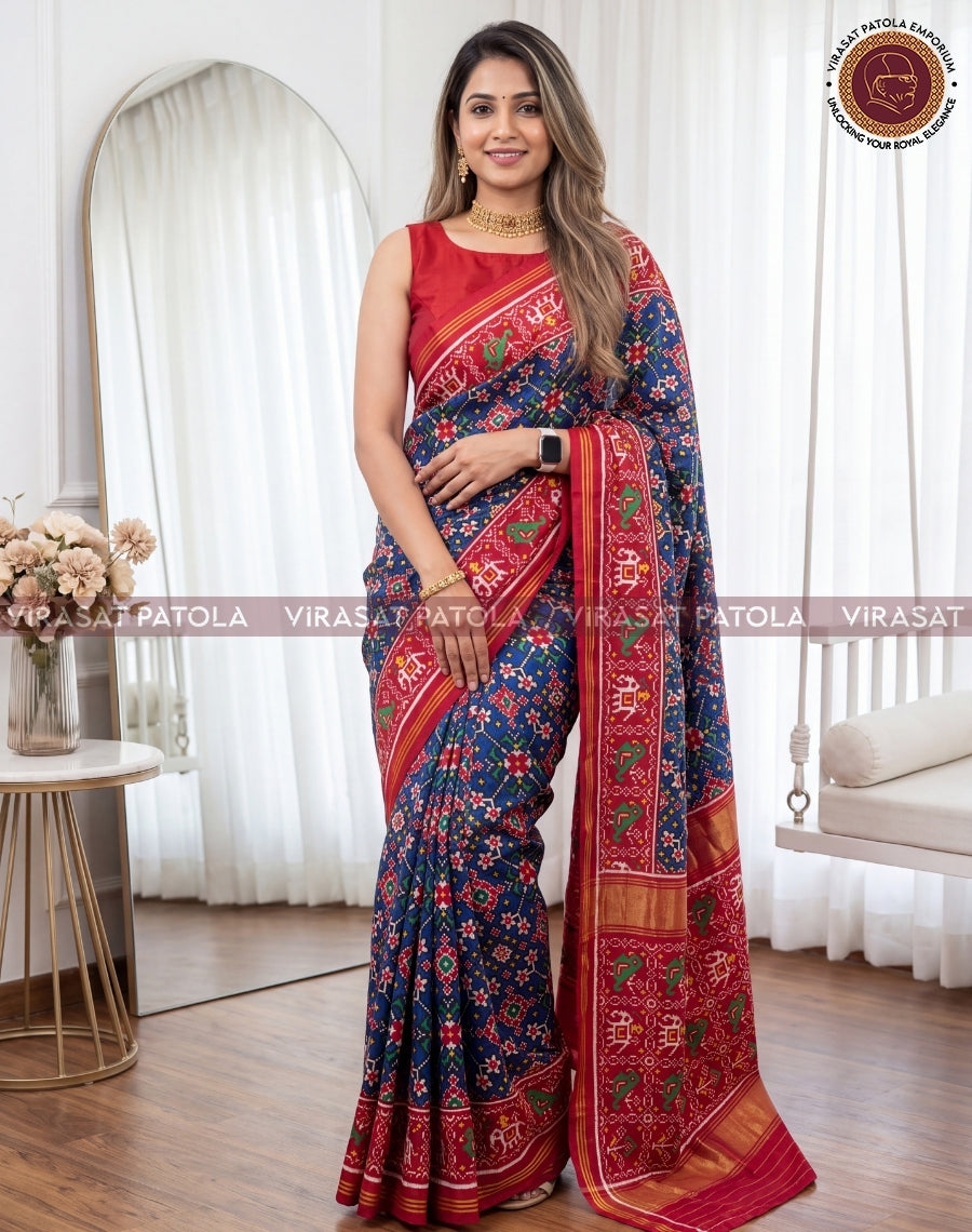 Dark Blue and Red Navratna Double Ikkat Traditional Patola Saree