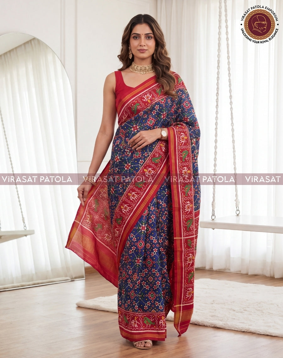 Dark Blue and Red Navratna Double Ikkat Traditional Patola Saree