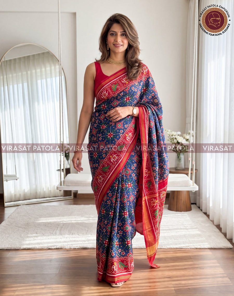Dark Blue and Red Navratna Double Ikkat Traditional Patola Saree