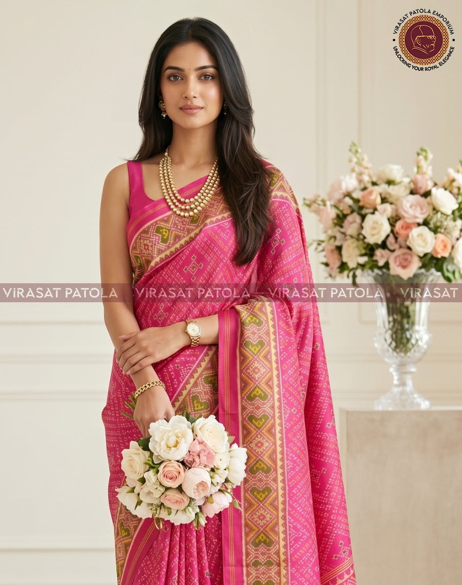 Baby pink bandhani saree with gold and green Patola border