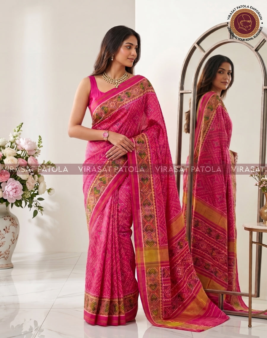Pink bandhani saree draped over arm, gold-green patterned border