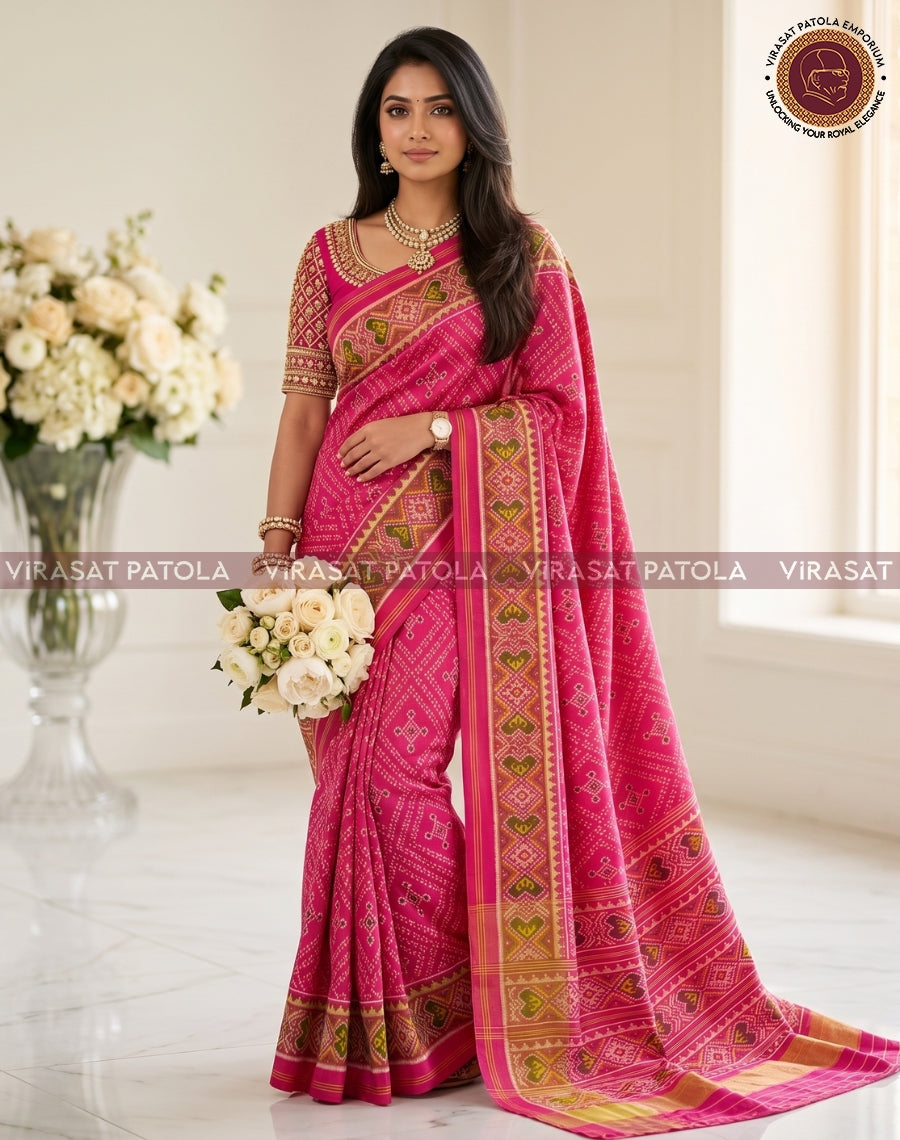 Pink bandhani saree with geometric motif border and pallu