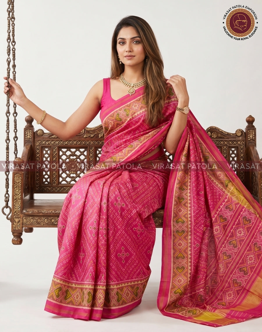 Pink bandhani saree with gold-green patterned border, held to reveal pallu