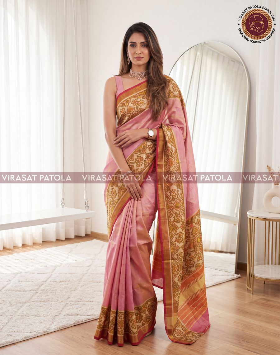 Baby Pink Plain Tissue Traditional Patola with Designer Blouse Piece