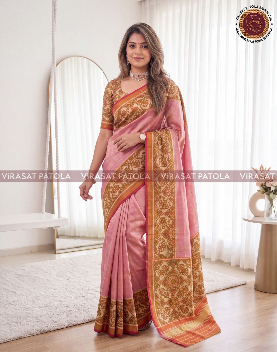 Baby Pink Plain Tissue Traditional Patola with Designer Blouse Piece