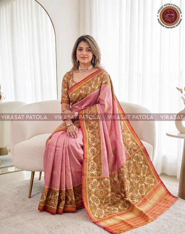 Baby Pink Plain Tissue Traditional Patola with Designer Blouse Piece