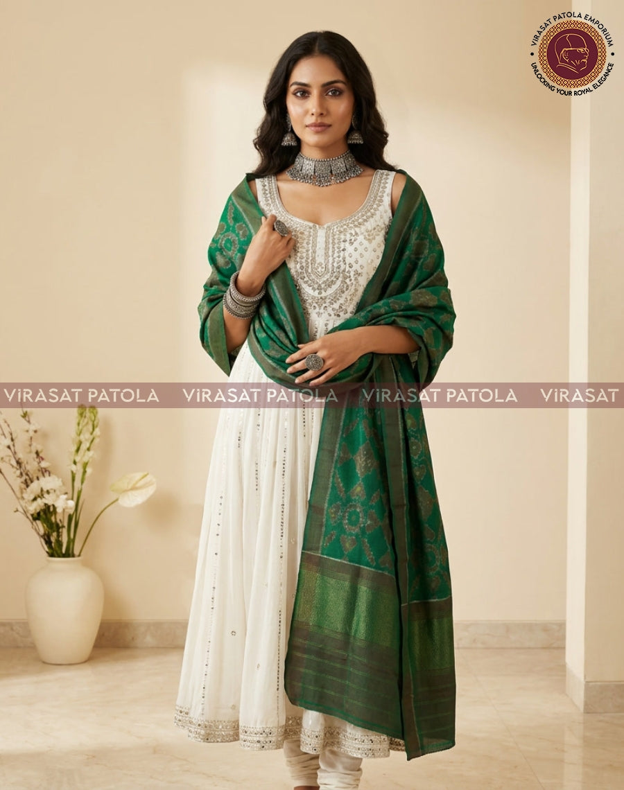 Green patola shawl with diamond motifs and checked border, worn as a wrap.