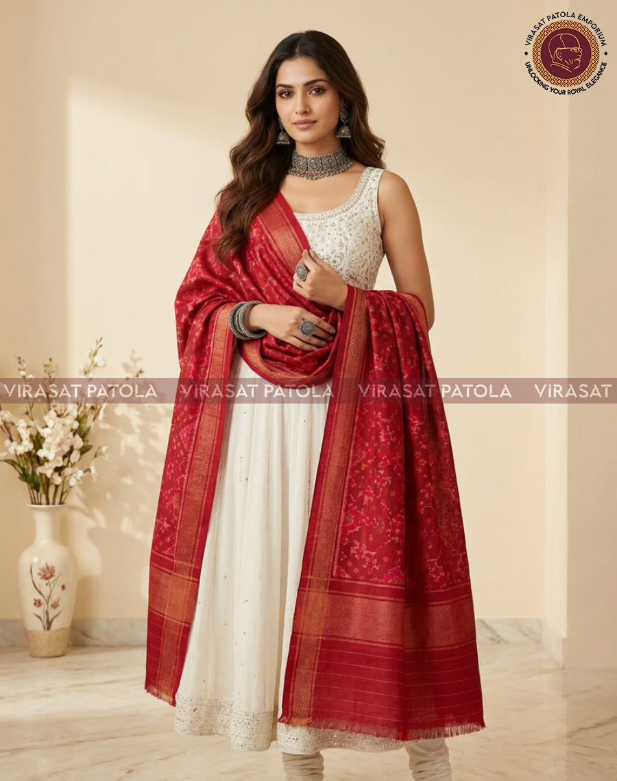 Red patola shawl draped over shoulders, gold-toned border with woven motifs