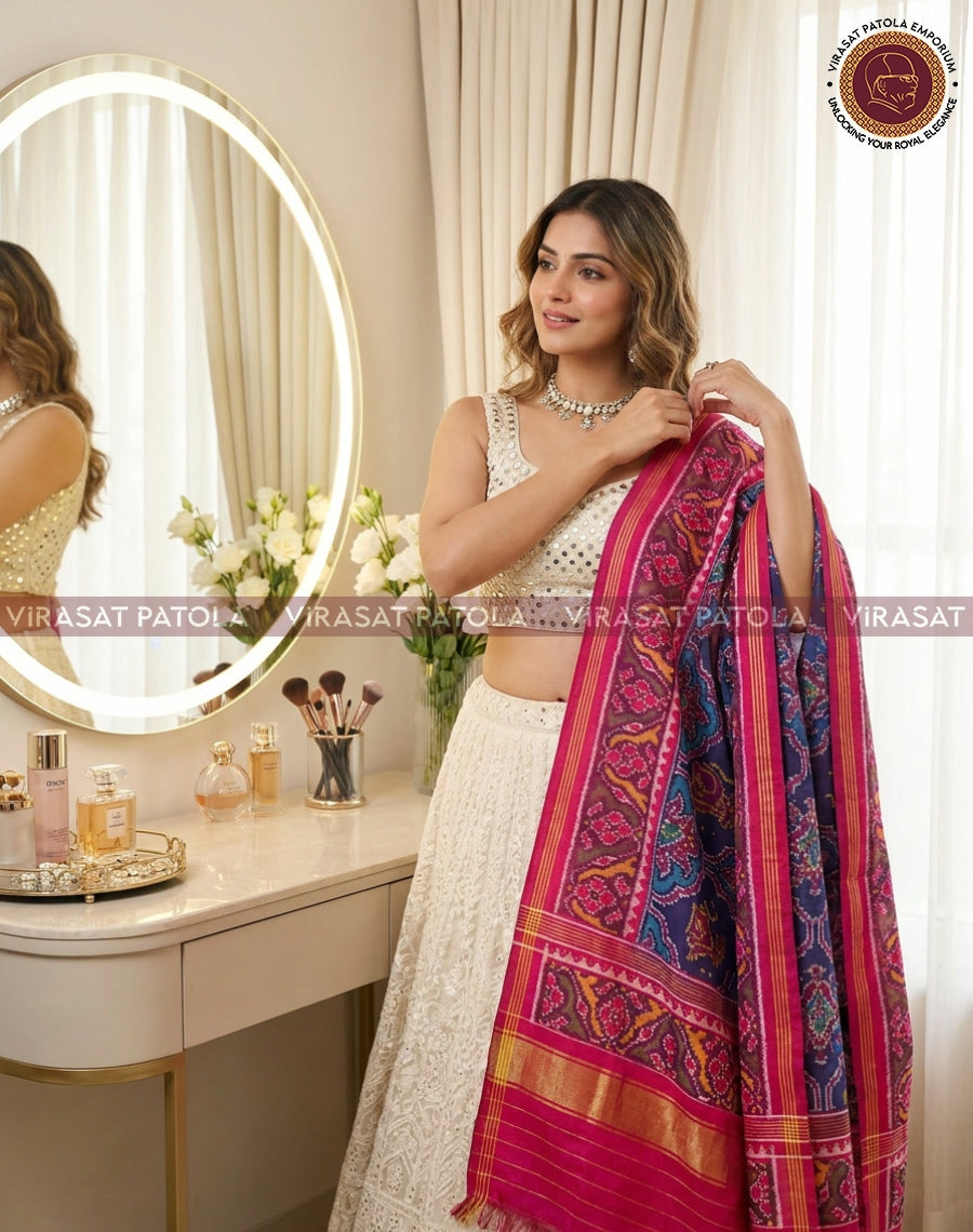 Blue patola dupatta with animal motifs and wide pink-patch border, worn on shoulder