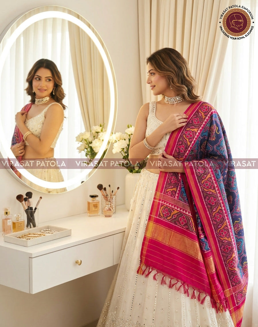 Blue patola dupatta with animal motifs and pink border, fringe edge at end