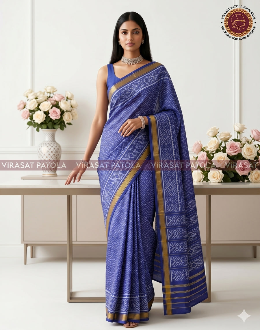 Blue patola saree drape with contrast gold zari border and repeating diamond weave pattern