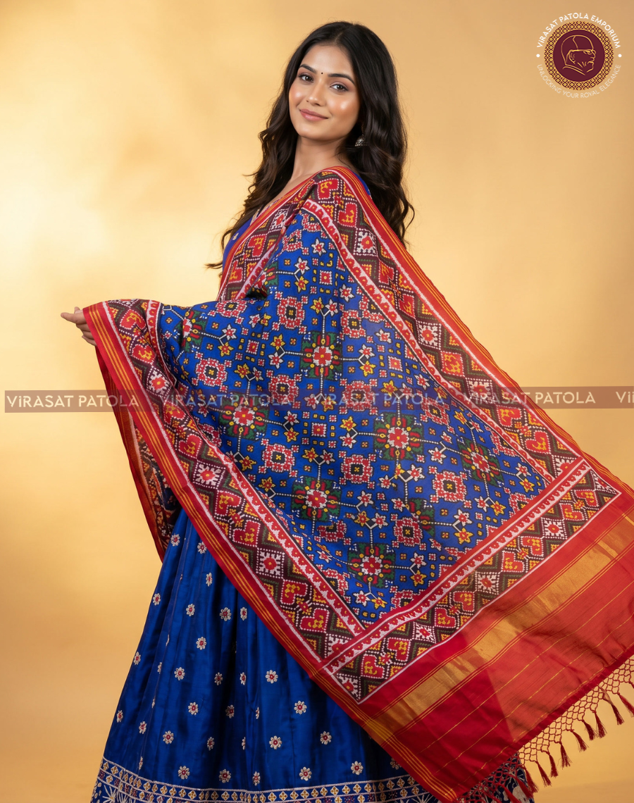Blue patola dupatta, wide diamond pattern and red-gold border