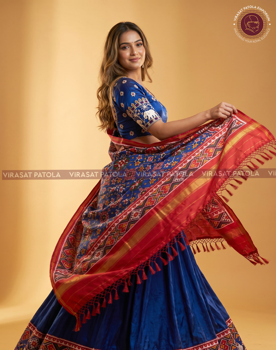 Blue Navratna patola dupatta with red-gold border and geometric motifs