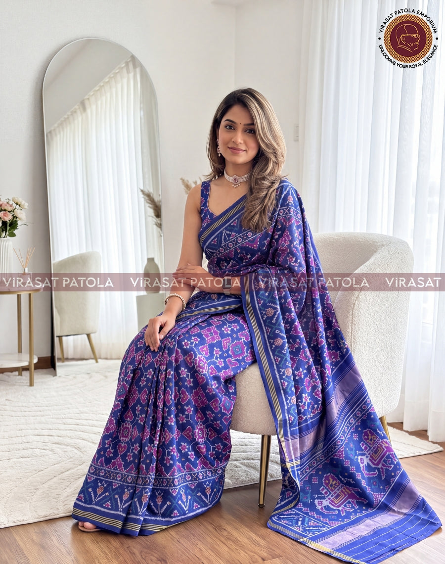 Blue Navrtana with Elephants Traditional Patola Saree