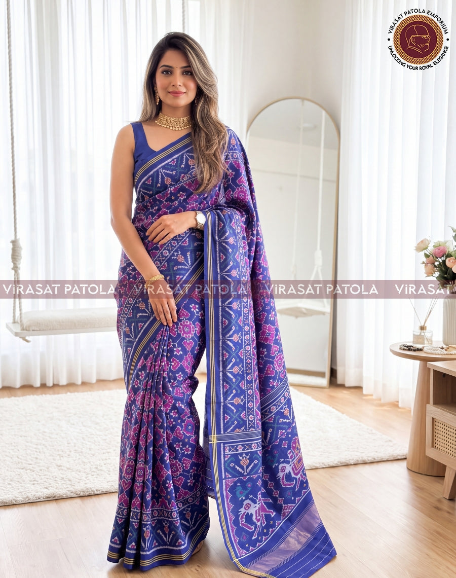 Blue Navrtana with Elephants Traditional Patola Saree