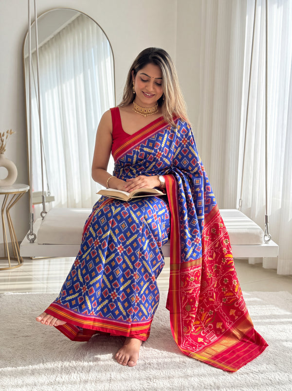 Blue Red Manekchowk Traditional Patola Saree