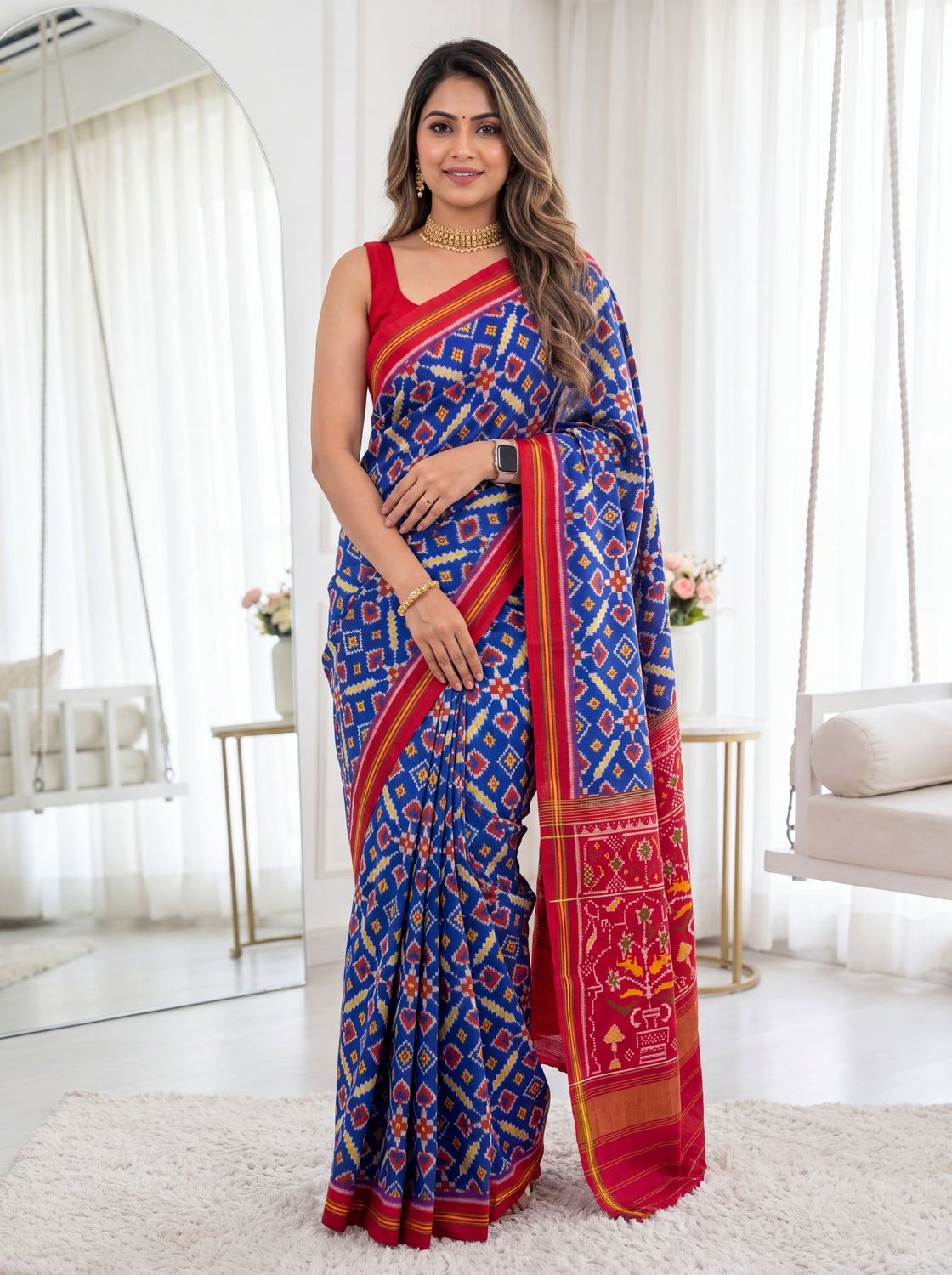 Blue and red patola saree, sleeveless blouse style, full-length drape with wide pallu border