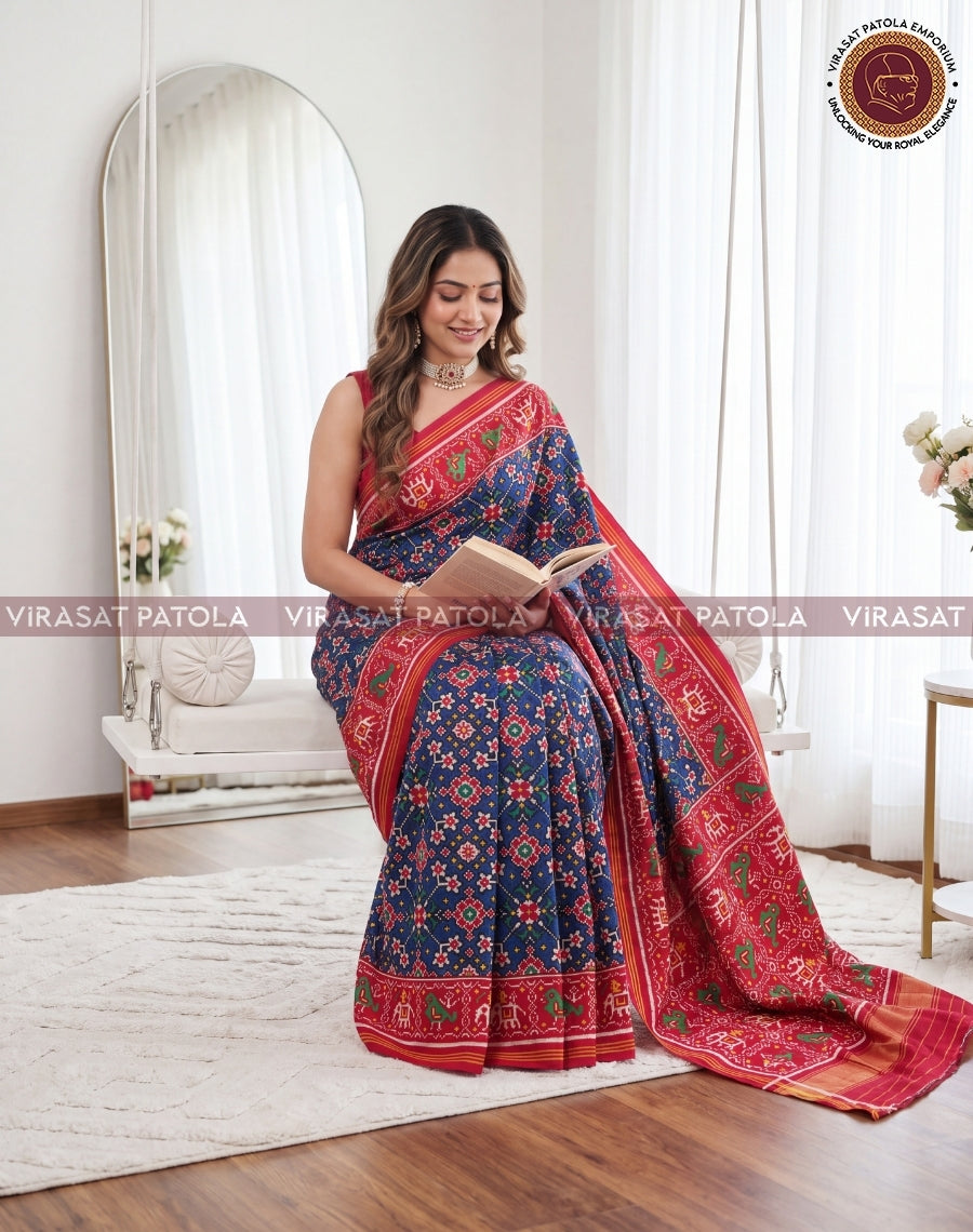 Dark Blue and Red Navratna Double Ikkat Traditional Patola Saree