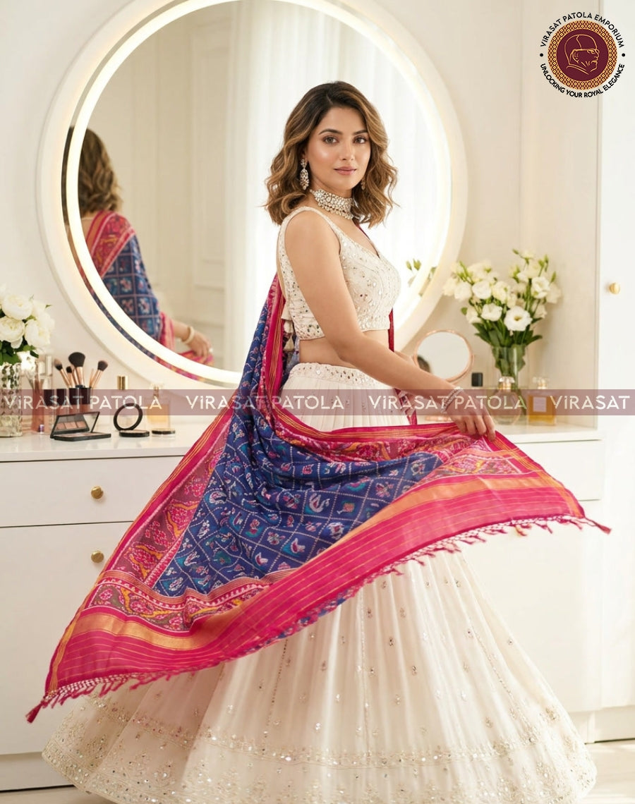 Blue and pink patola-style dupatta with traditional figures, draped over shoulder