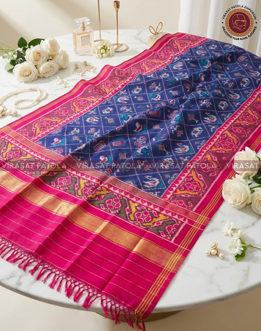 Blue patola dupatta with pink border and geometric motifs, folded and spread