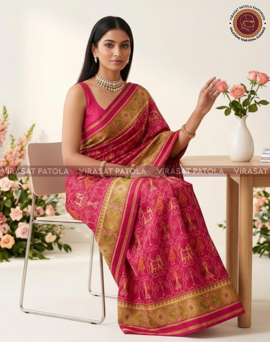 Carrot Narikunjar traditional patola saree in magenta with gold border and pallu stripes