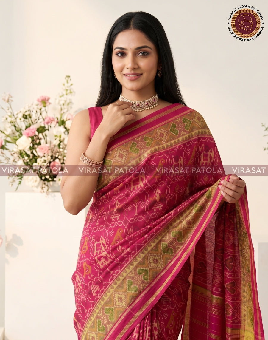 Carrot Narikunjar patola saree close-up: magenta fabric with gold-green patterned border
