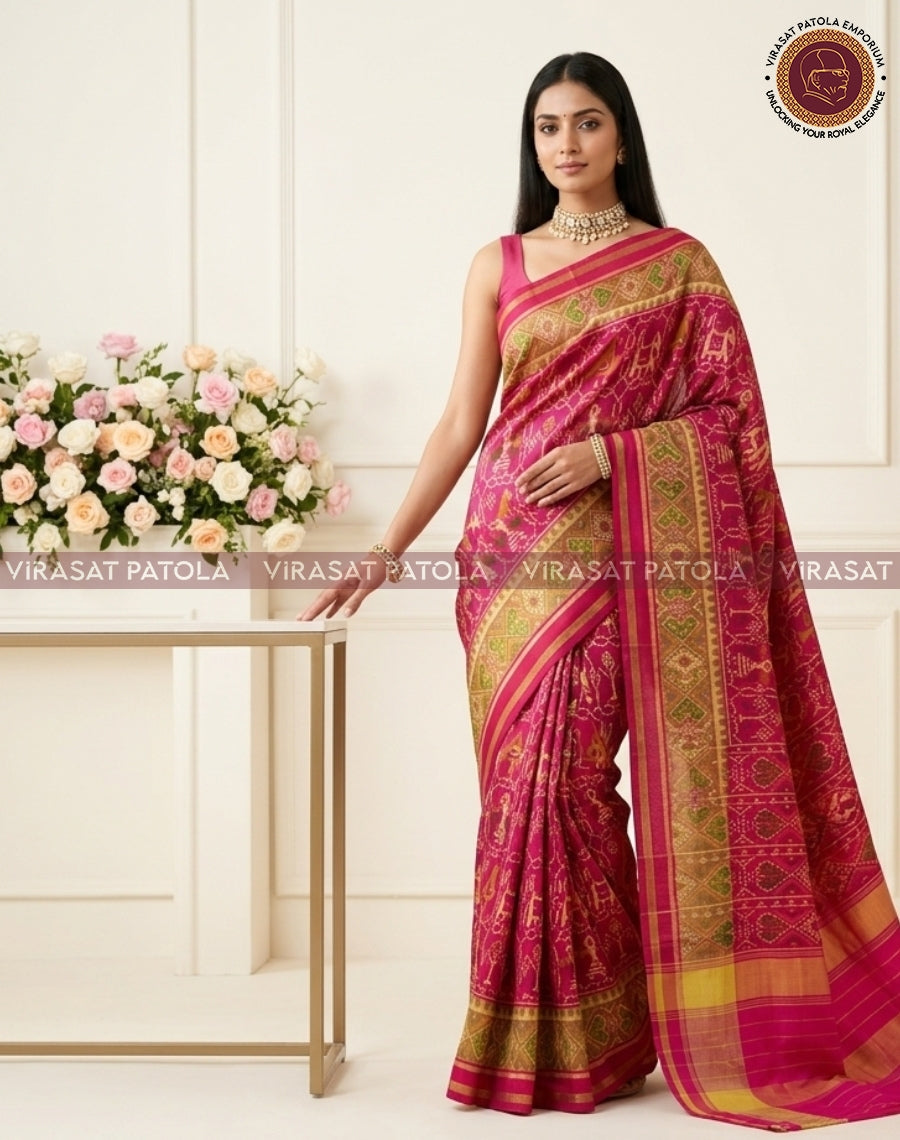 Carrot Narikunjar patola saree, magenta drape with green-gold border and striped pallu
