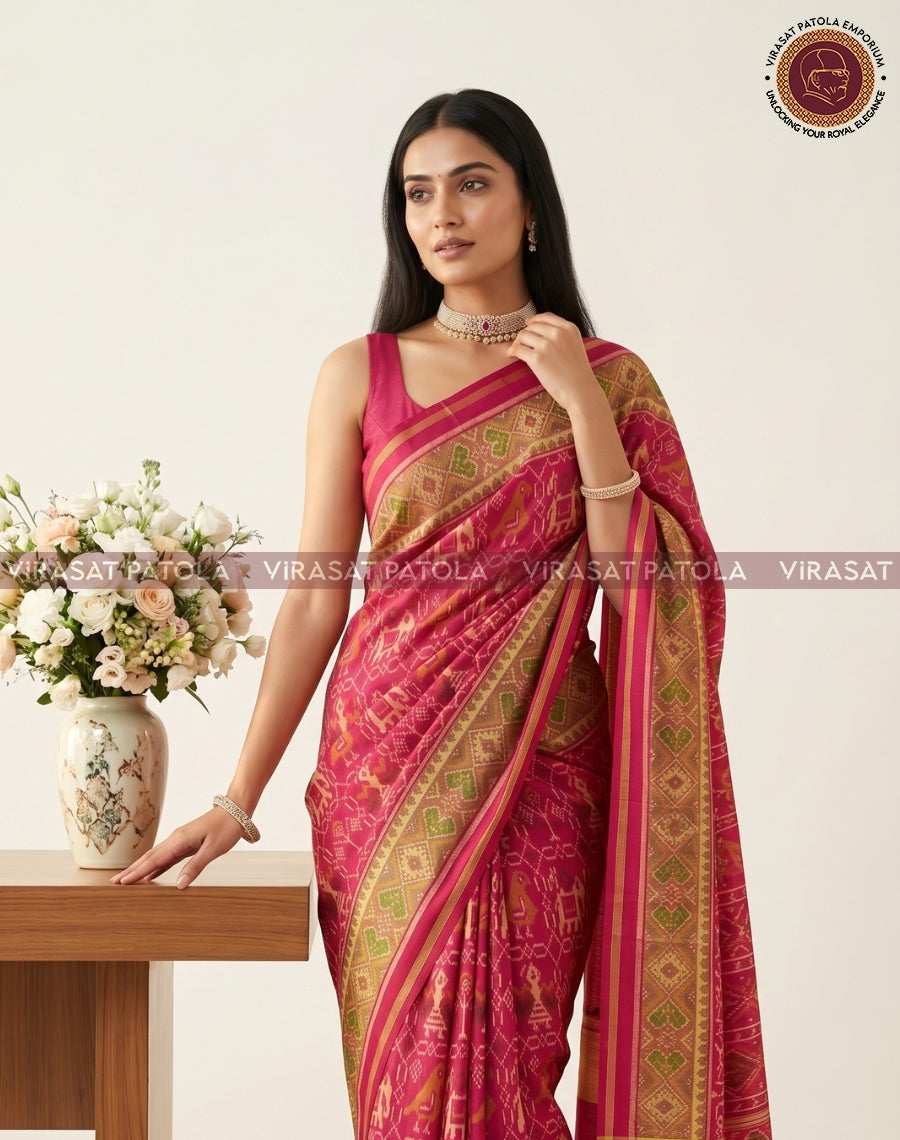 Carrot Narikunjar traditional patola saree in magenta with gold chevron border and pallu