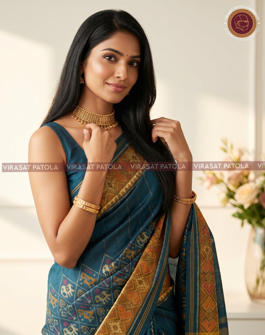 Dark green patola saree drape with patterned border and pleated pallu