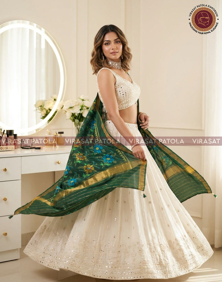 Green floral silk dupatta with gold border, wide drape across front