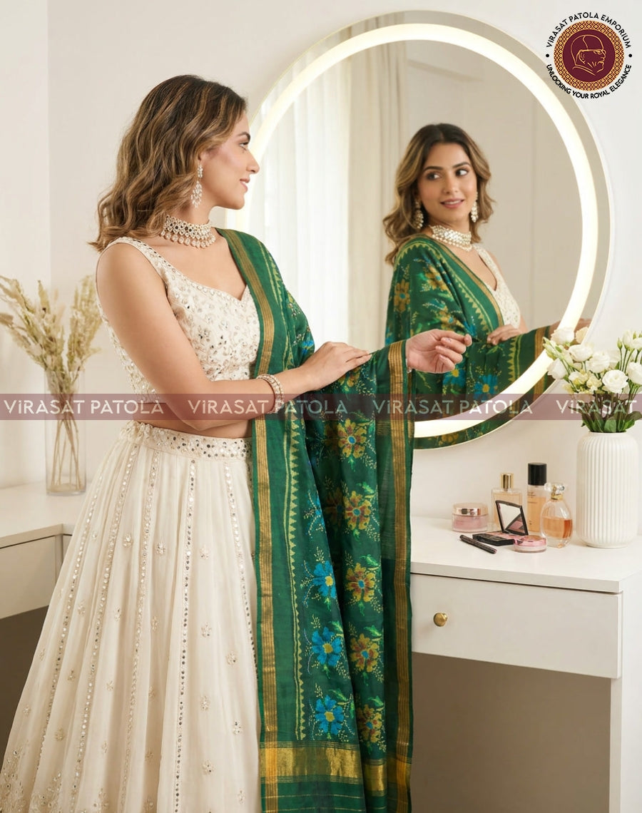Green floral silk dupatta with gold border, draped over shoulder