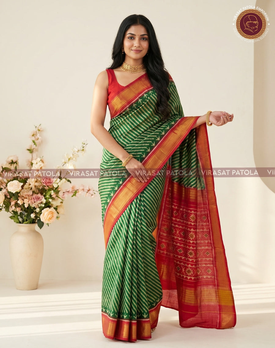 Green lahariya patola saree with red-gold border and striped pallu