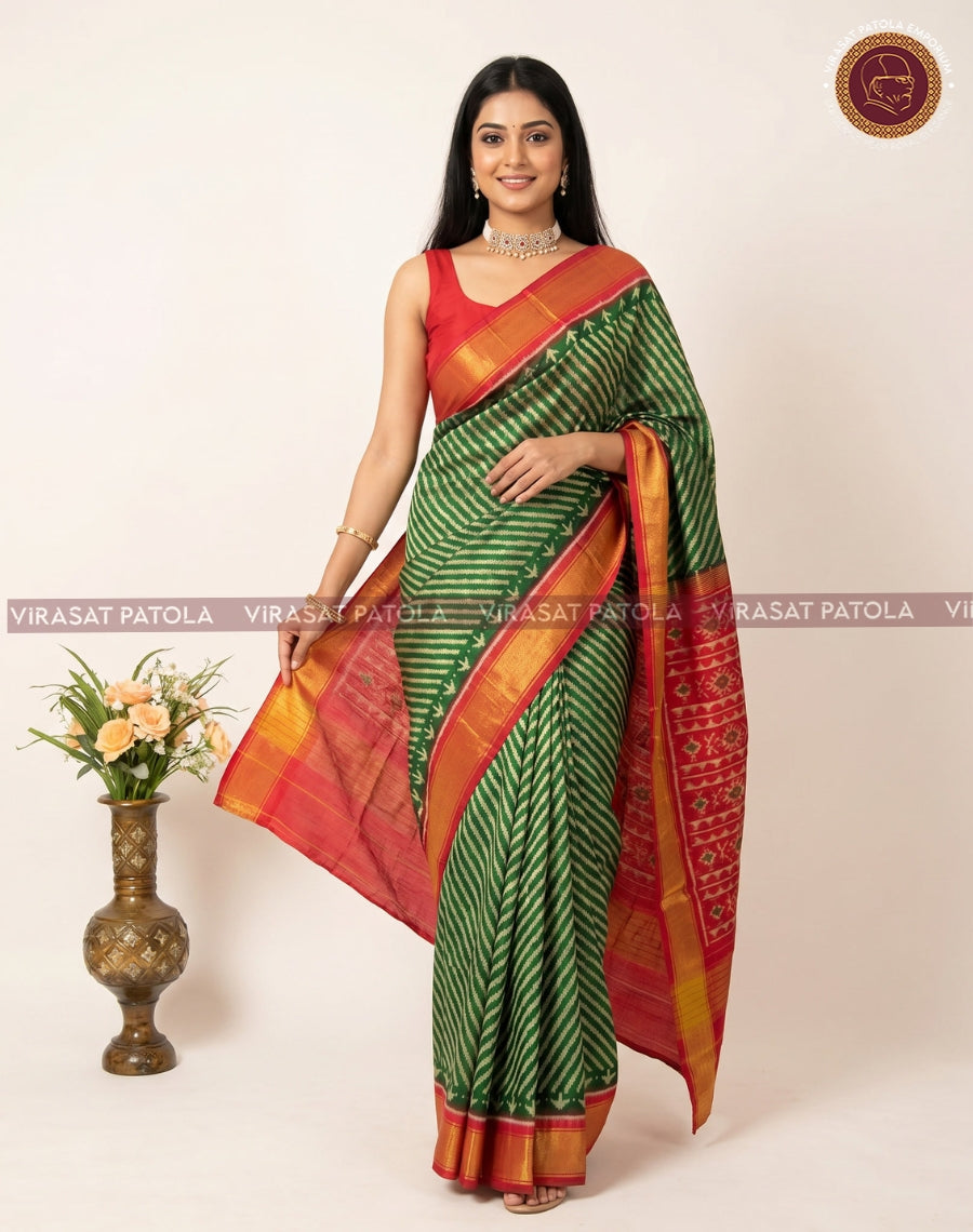 Green saree with diagonal lahariya stripes, red and gold woven border