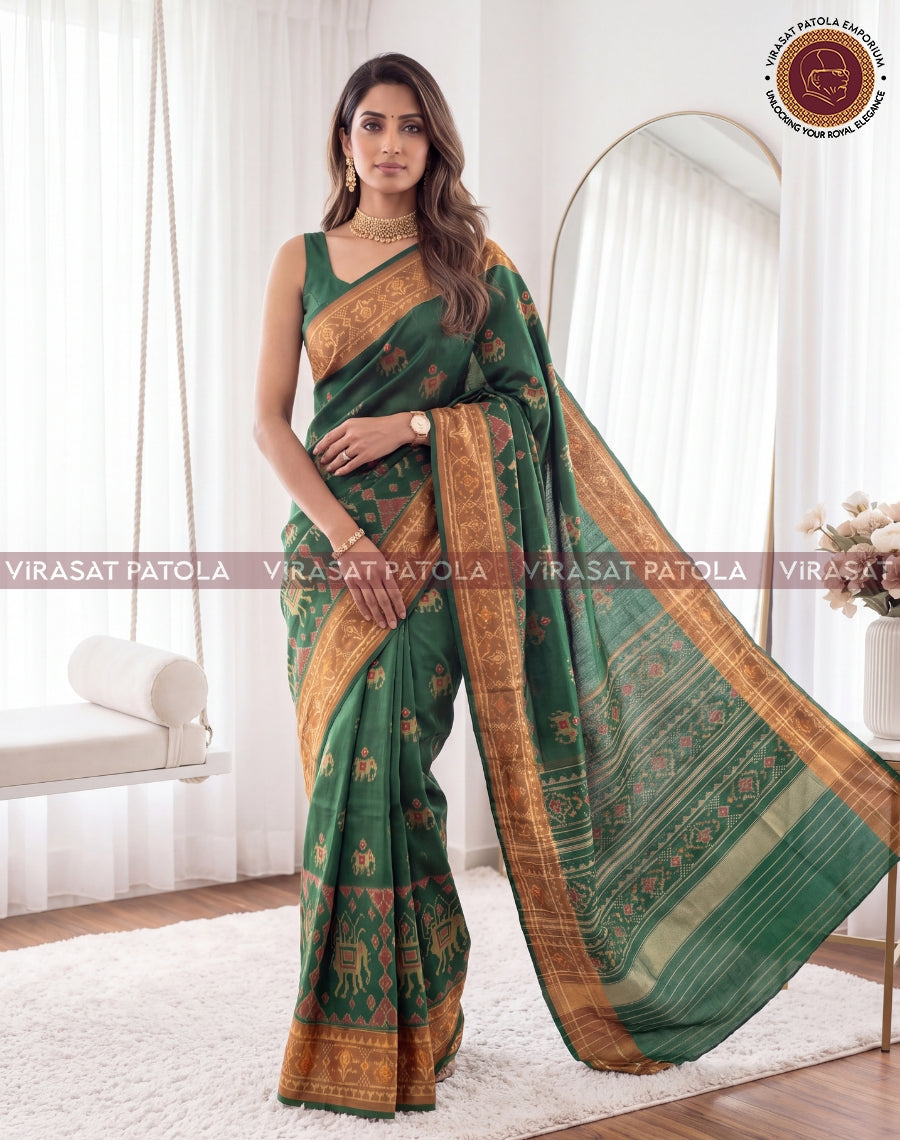 Green Narikunjar with Elephant Skirt Border Traditional Patola Saree