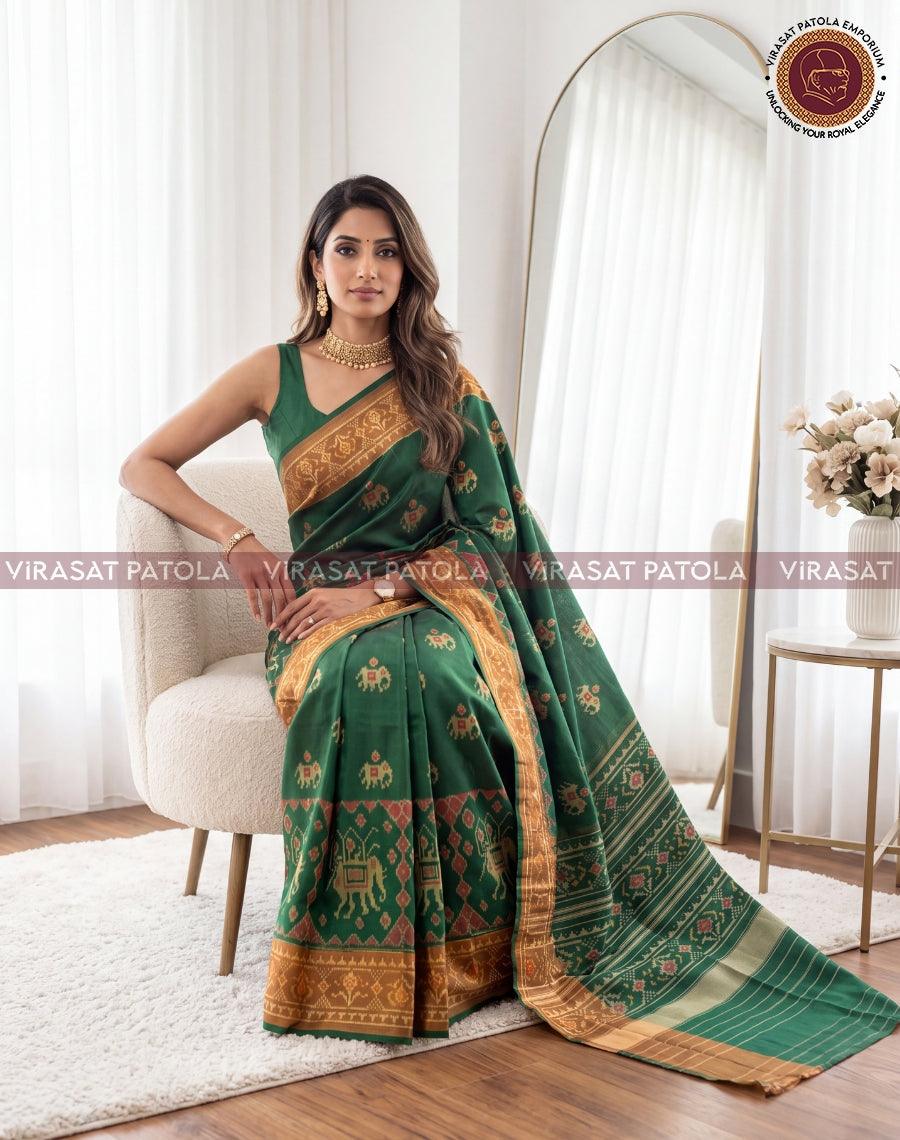 Green Narikunjar with Elephant Skirt Border Traditional Patola Saree