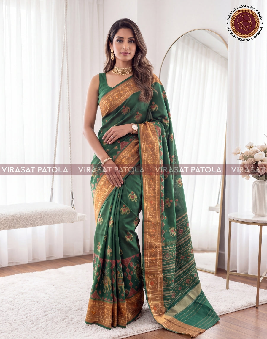 Green Narikunjar with Elephant Skirt Border Traditional Patola Saree