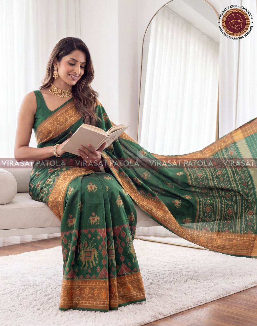 Green Narikunjar with Elephant Skirt Border Traditional Patola Saree