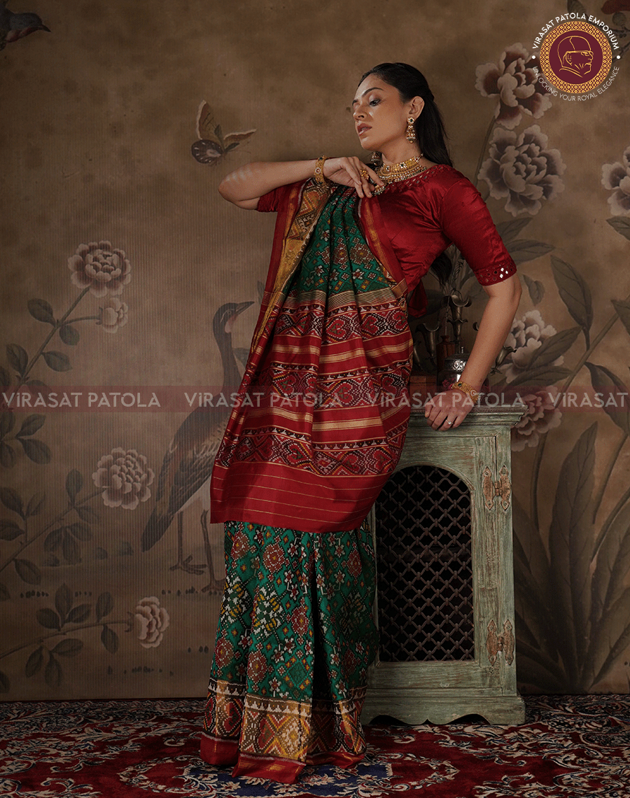 Green Navratna Patola Saree | Semi Ikkat Silk | Virasat Patola