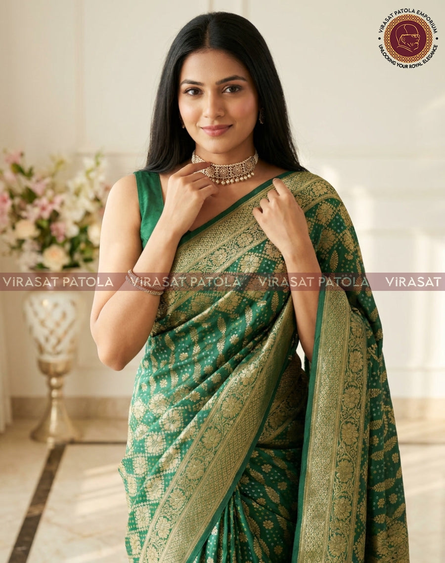 Green bandhani georgette saree with gold pallu border and check-like motifs