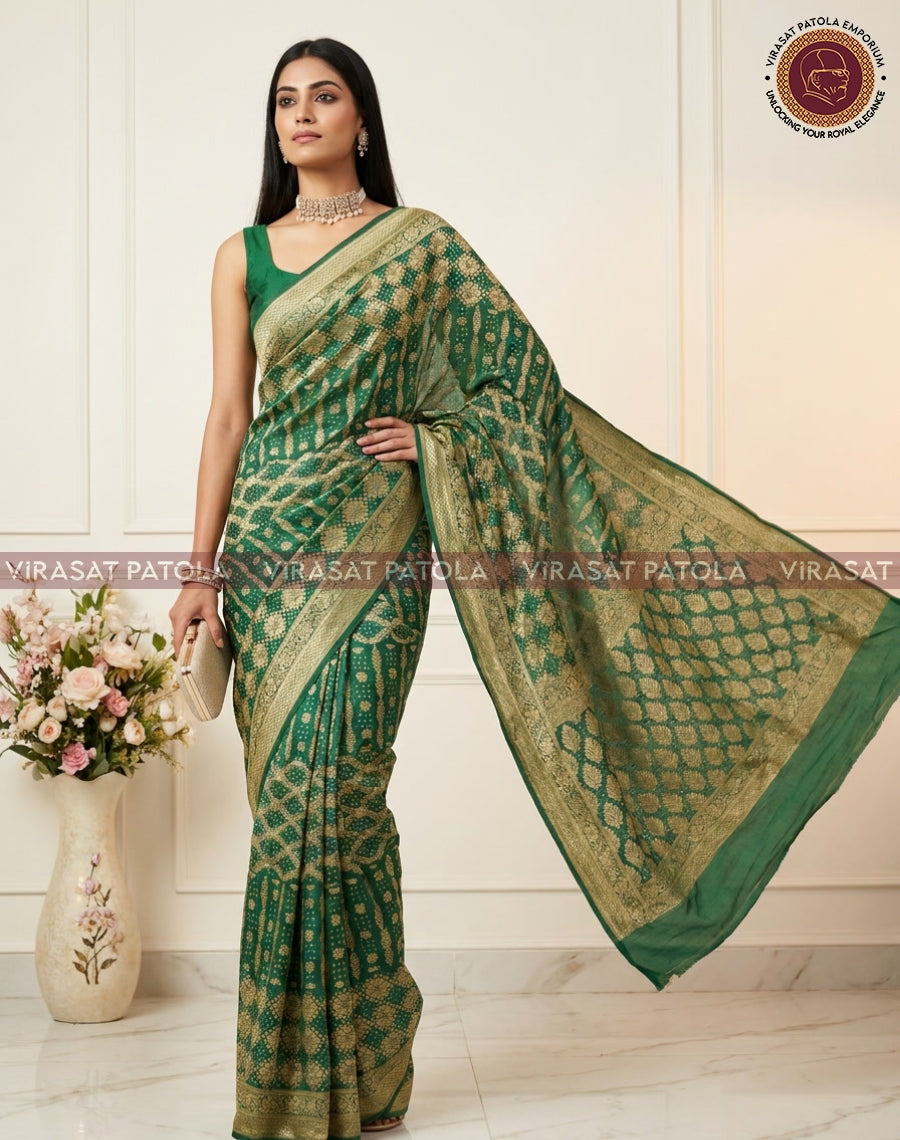 Green bandhani georgette saree with wide gold pallu, full length drape